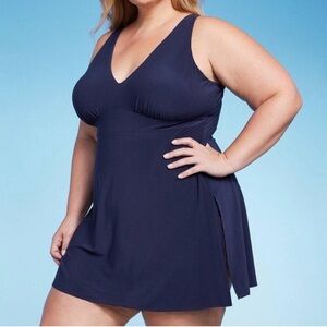NWT - UPF 50 .AQUA GREEN Plus Size Navy V-Neck Swimdress.